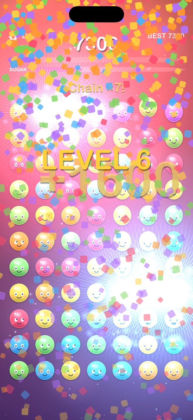 A level-up celebration with confetti and a Chain ×7 combo