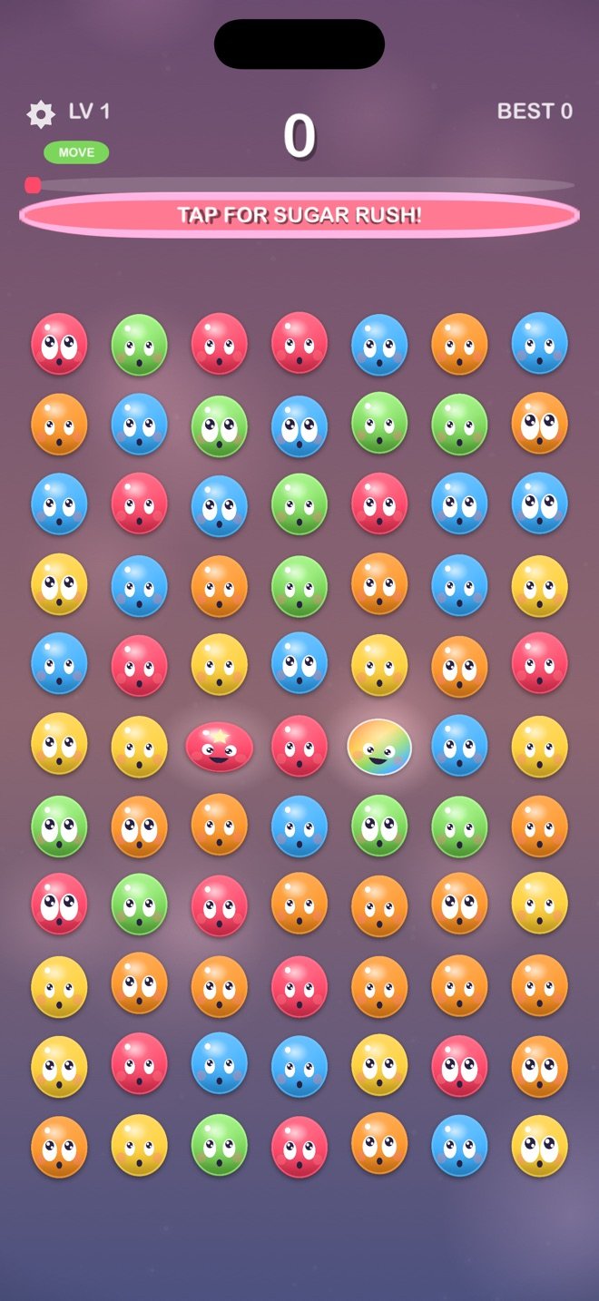 Every gummy on the board looking up at the full Sugar Rush meter